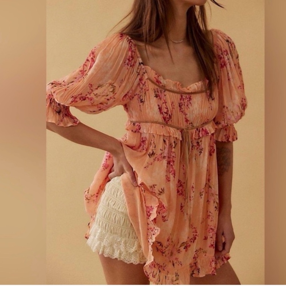 Free People marney floral Peach sheer babydoll dress boho S small New